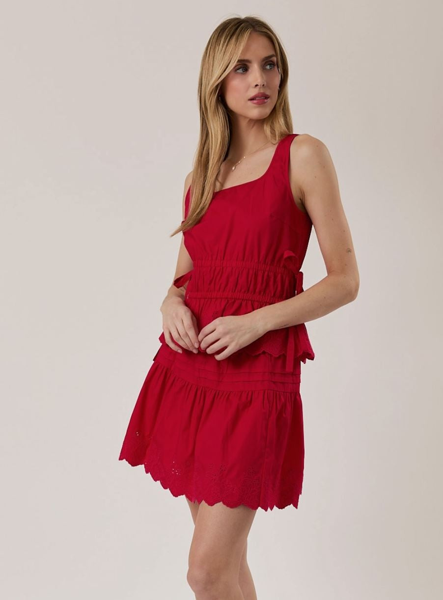 Red Eyelet Hem Mini Skirt|7542