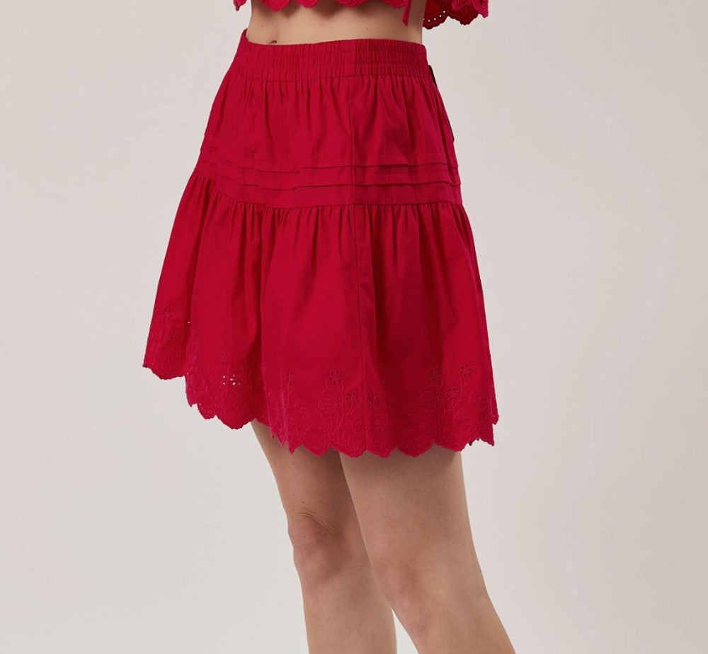Red Eyelet Hem Mini Skirt|7543
