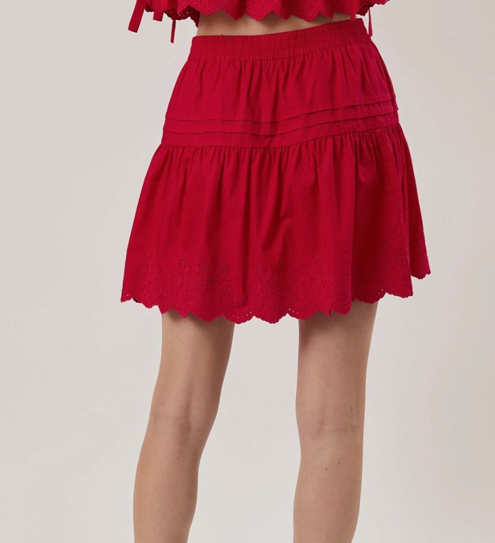 Red Eyelet Hem Mini Skirt|7544