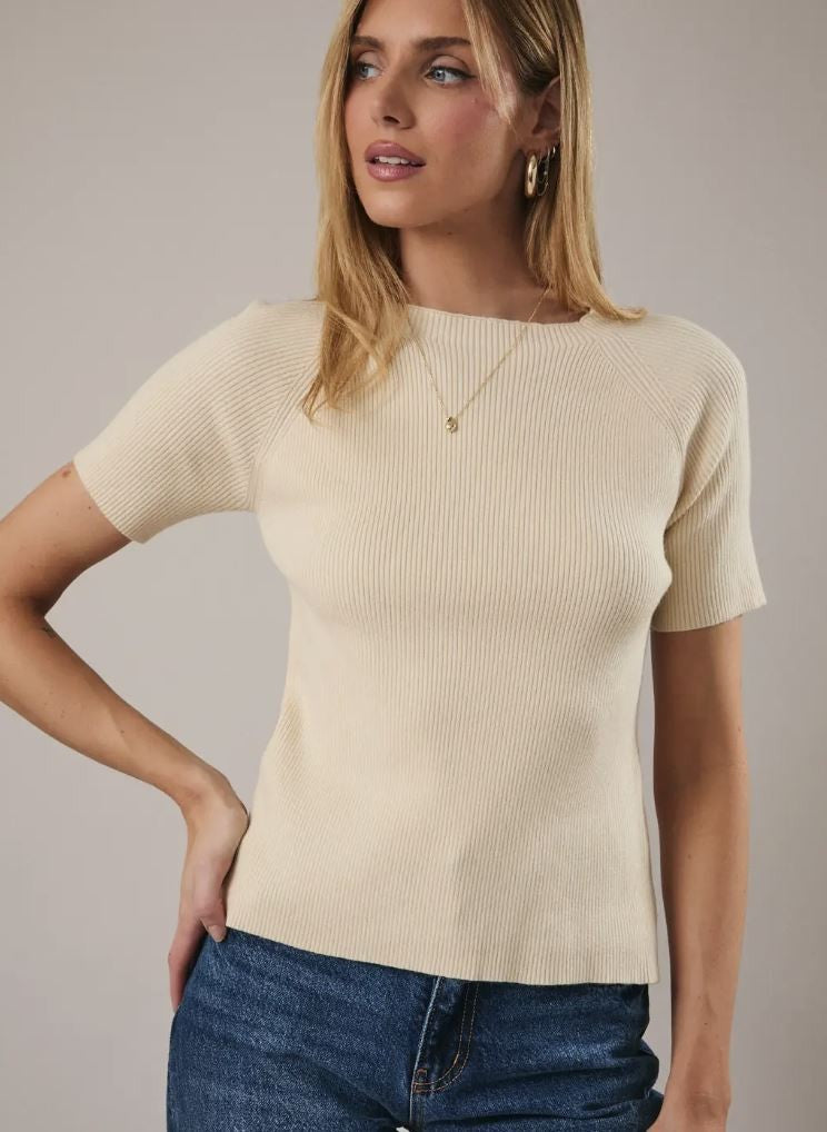 Round Neck 1/2 Sleeve Back-Tie Knit Top|7545