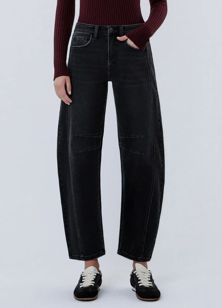 High Rise Black Ankle Barrel Leg Jeans|7551