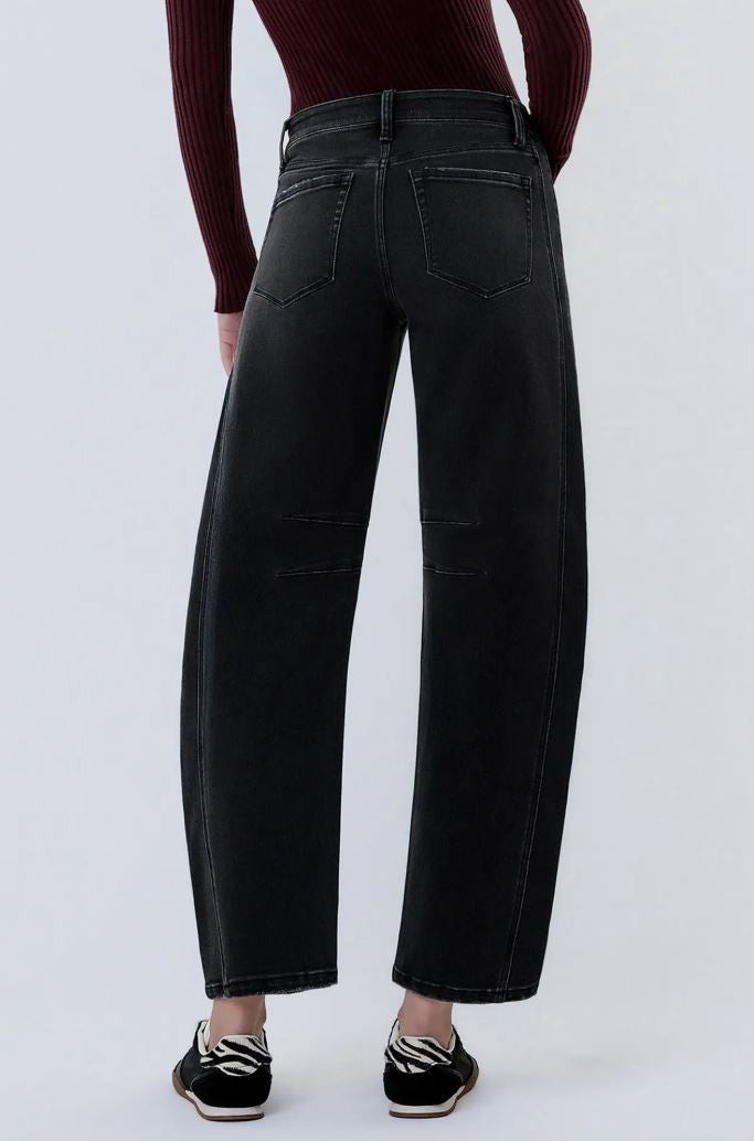 High Rise Black Ankle Barrel Leg Jeans|7552