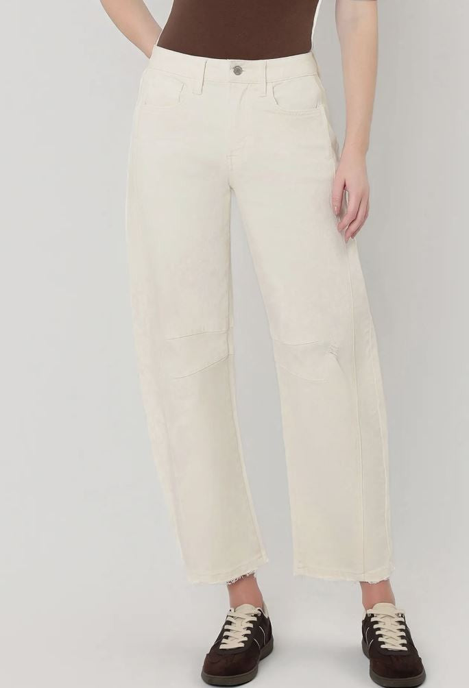 Off White High Rise Front Seam Barrel Jeans|7563