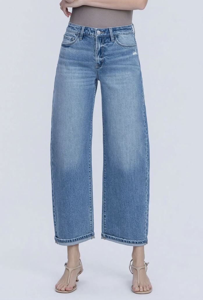 High Rise Medium Wash Cuffed Barrel Jeans|7565