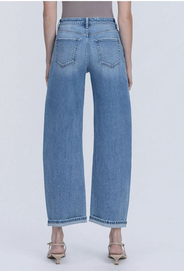 High Rise Medium Wash Cuffed Barrel Jeans|7566