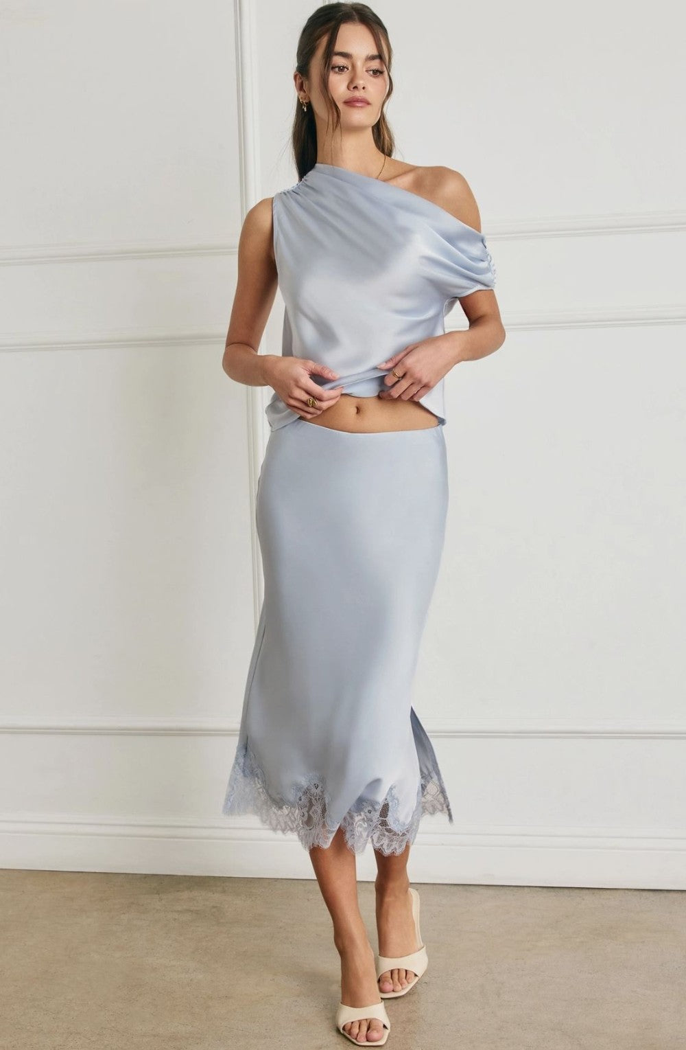 Blue Satin Lace Hem Pencil Skirt|7586