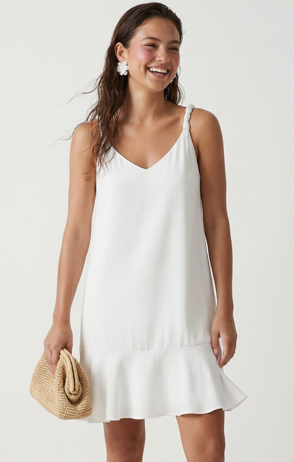 Sleeveless Mini Flutter Dress with Strap Accent|7603