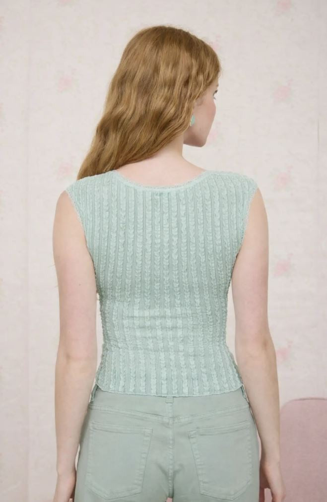 Mint Textured Pattern Short Sleeve Knit Top|7605