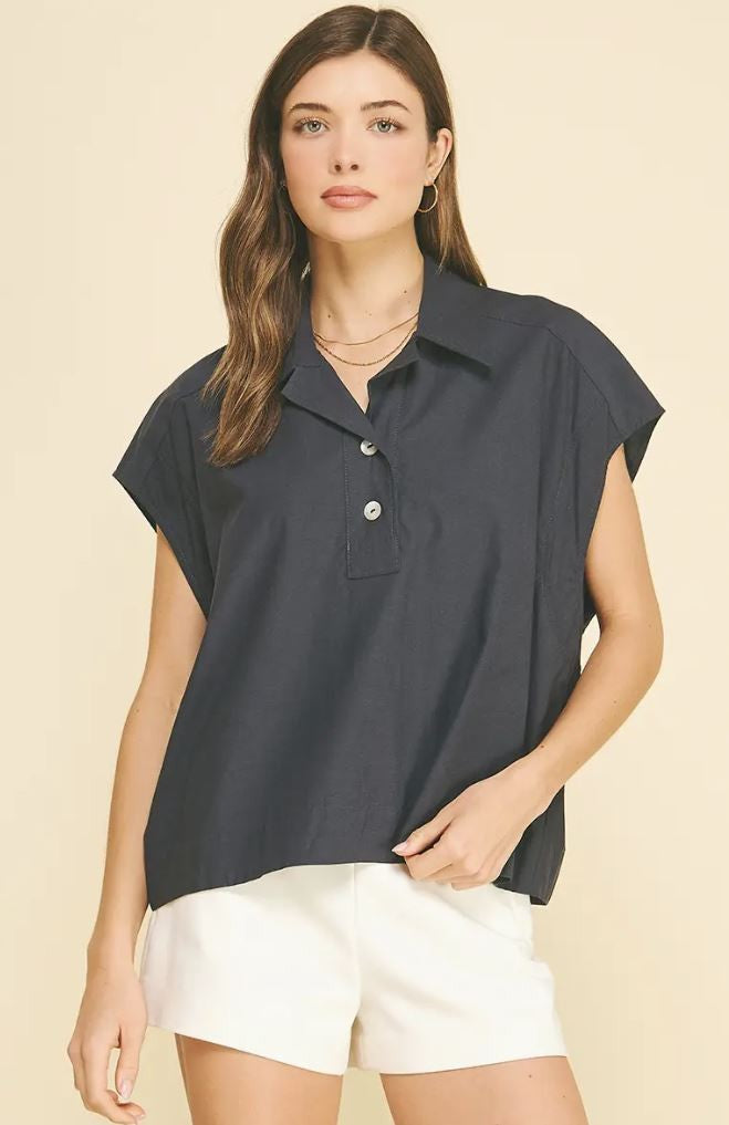 Navy Solid Cap Sleeve Blouse|7623