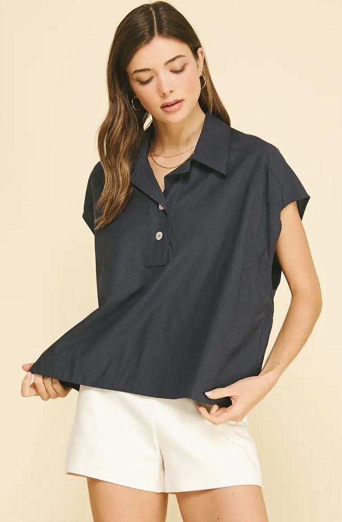 Navy Solid Cap Sleeve Blouse|7624