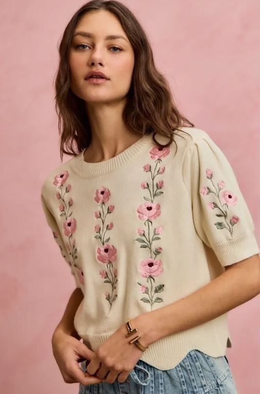 Floral Embroidered Short Sleeve Sweater Top|7626