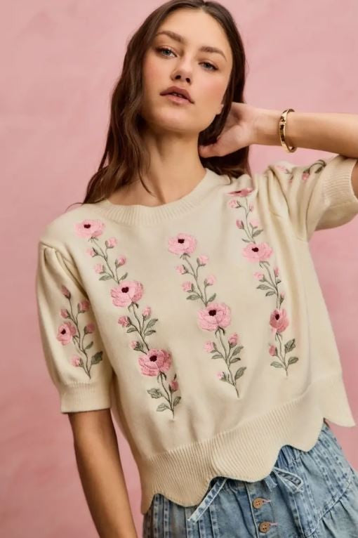 Floral Embroidered Short Sleeve Sweater Top|7627