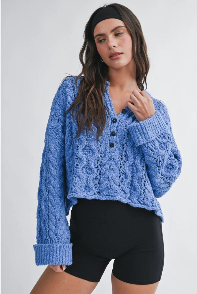 Cropped Blue Henley Knit Sweater|7678