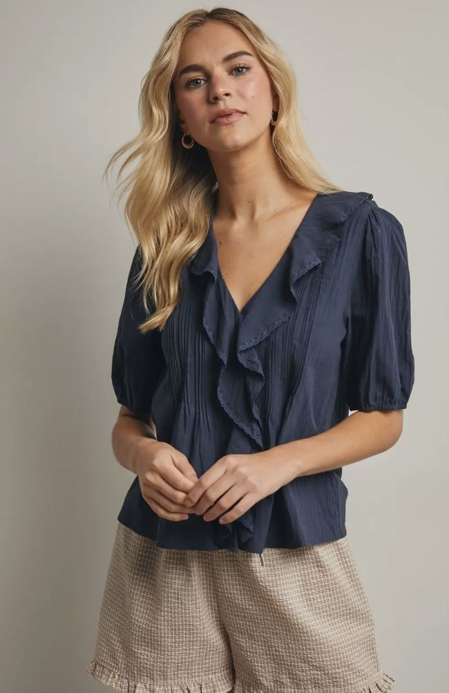 Navy Ruffled Cotton Blouse|7708