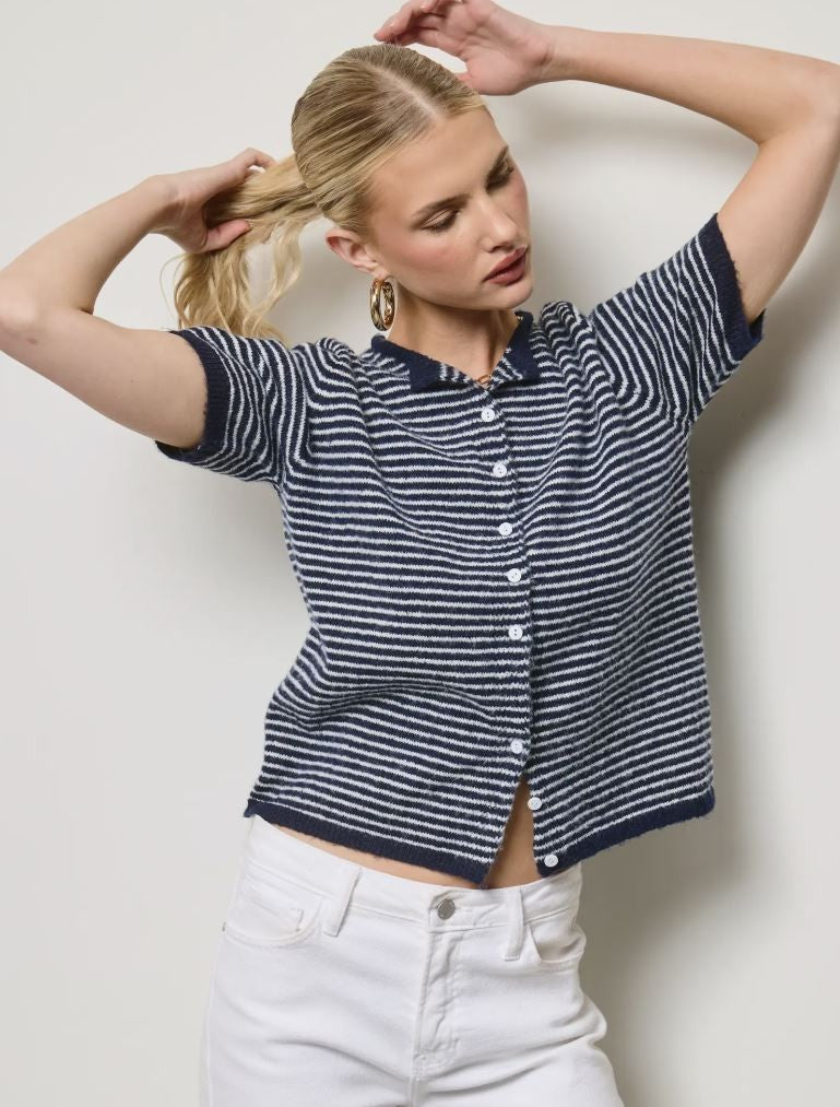 Striped Short Sleeve Button Cardigan|7710