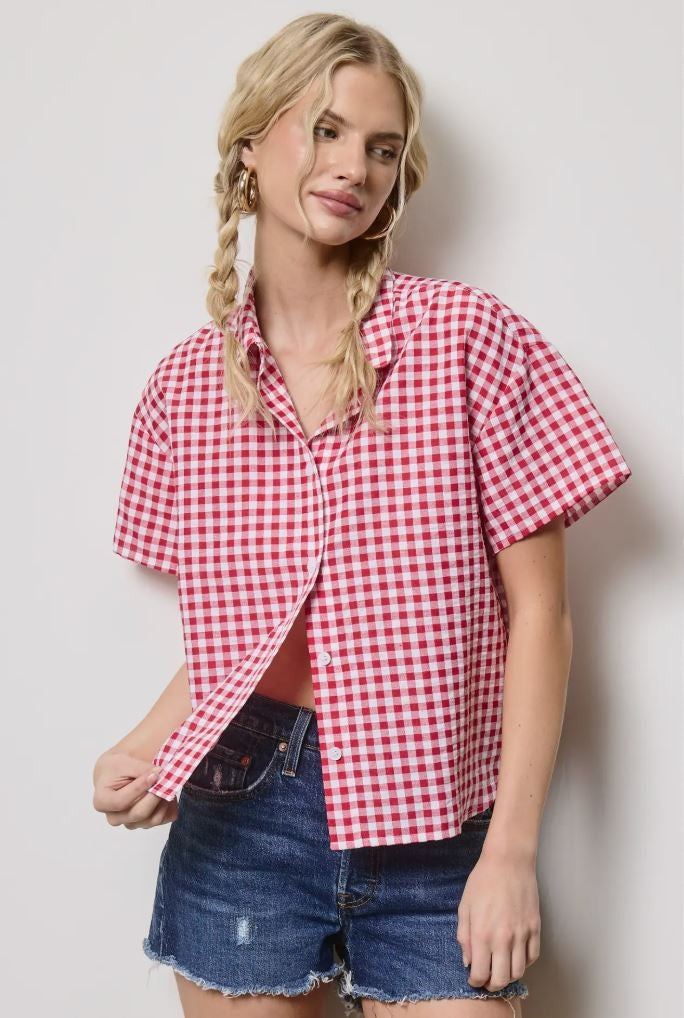 Gingham Short Sleeve Button Down Shirt|7711