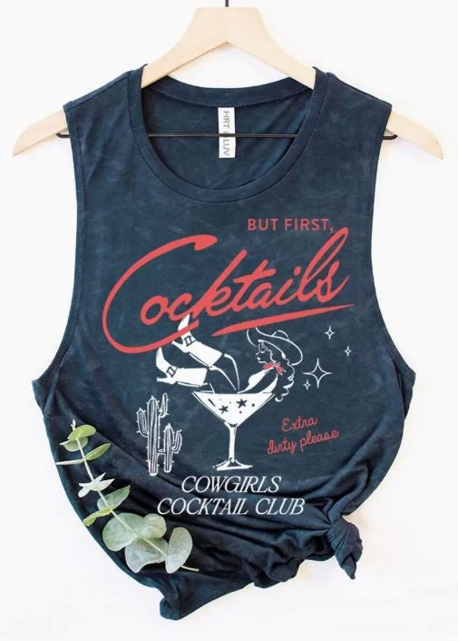 But First Cocktails Graphic Tank-Blue|7754