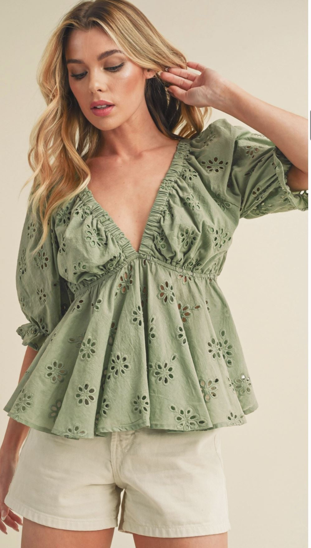 Eyelet Embroidered Top - Sage|7785
