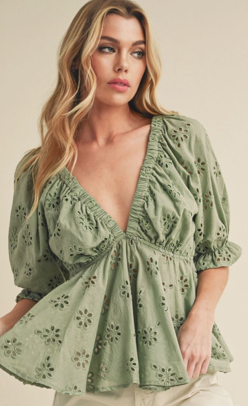 Eyelet Embroidered Top - Sage|7786