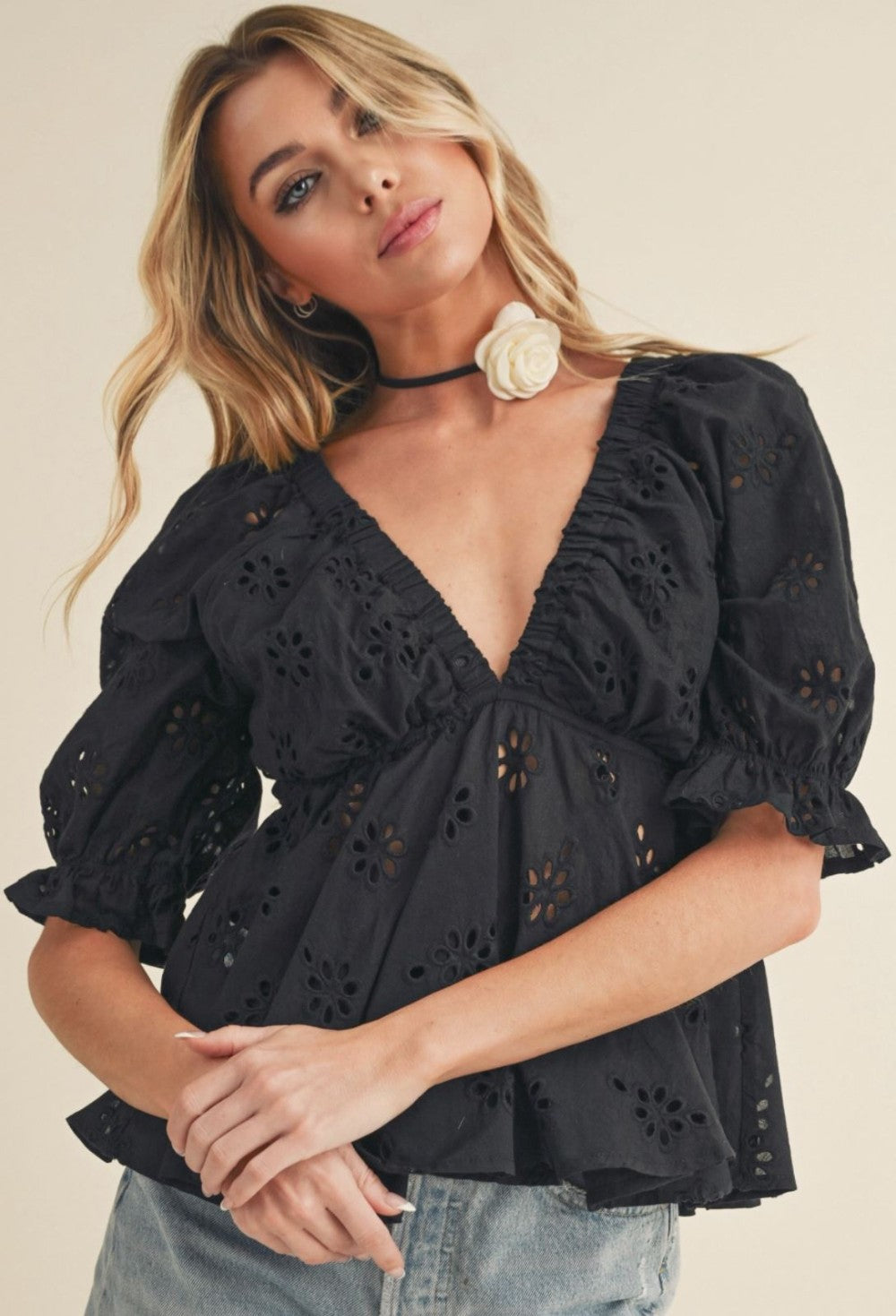 Eyelet Embroidered Top - Black|7787