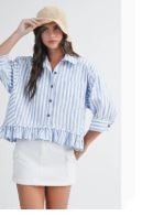 Blue Ruffle Striped Top|7821