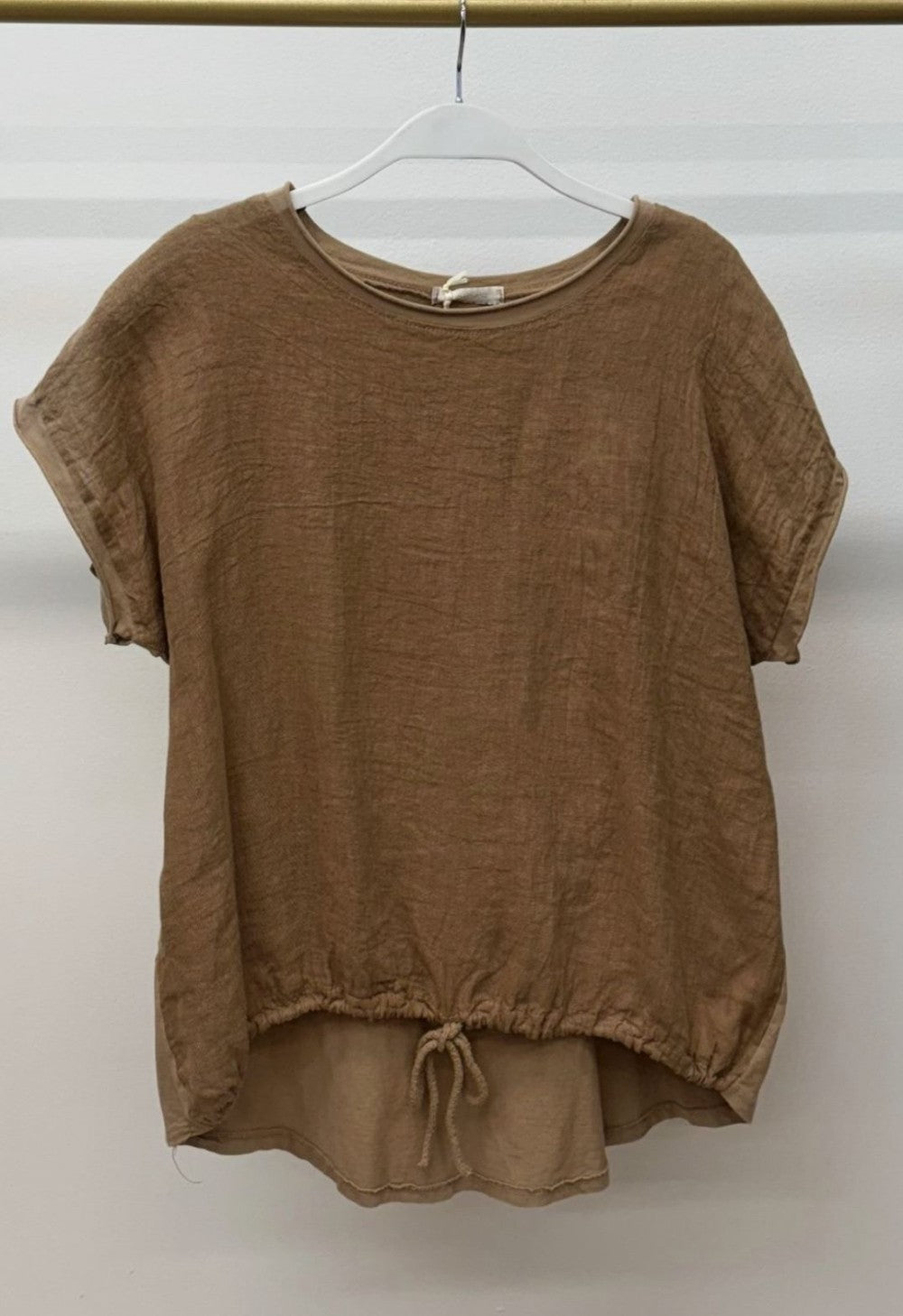 Italian Linen Drawstring Tee- Camel|7963