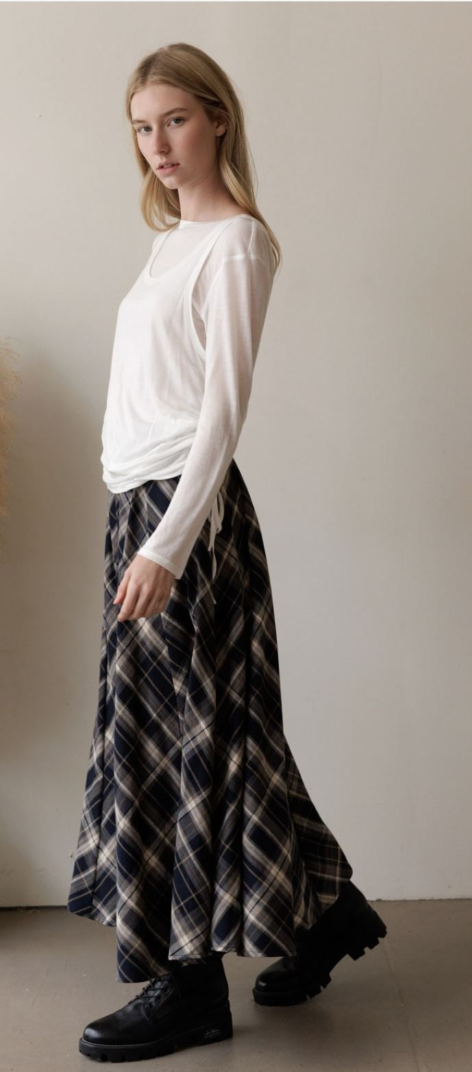 Navy Plaid Maxi Skirt|7968