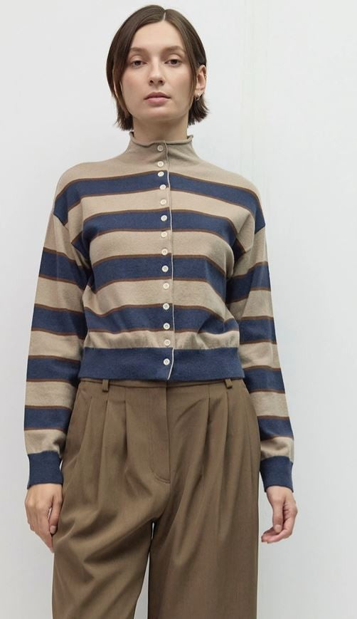Navy/Brown Striped Turtleneck Cardigan|7970