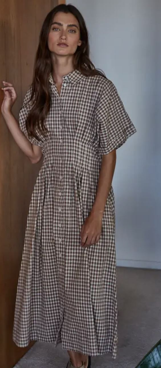 Woven Cotton Gingham Print Button Down Dress|8023