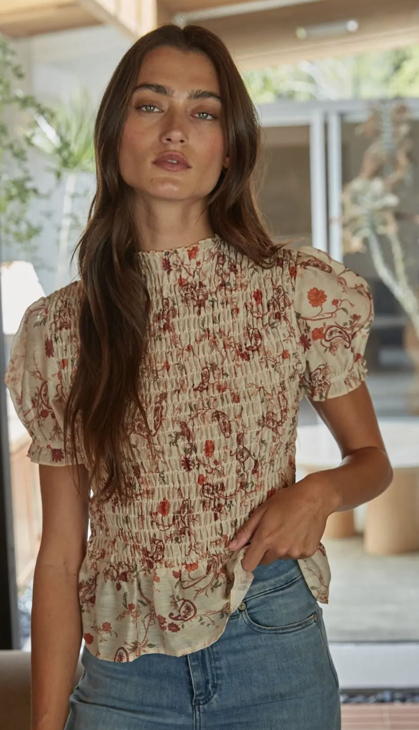 Floral Print Smocked Peplum Blouse|8027