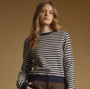 Striped Round Neck Sweater-Brown|8032