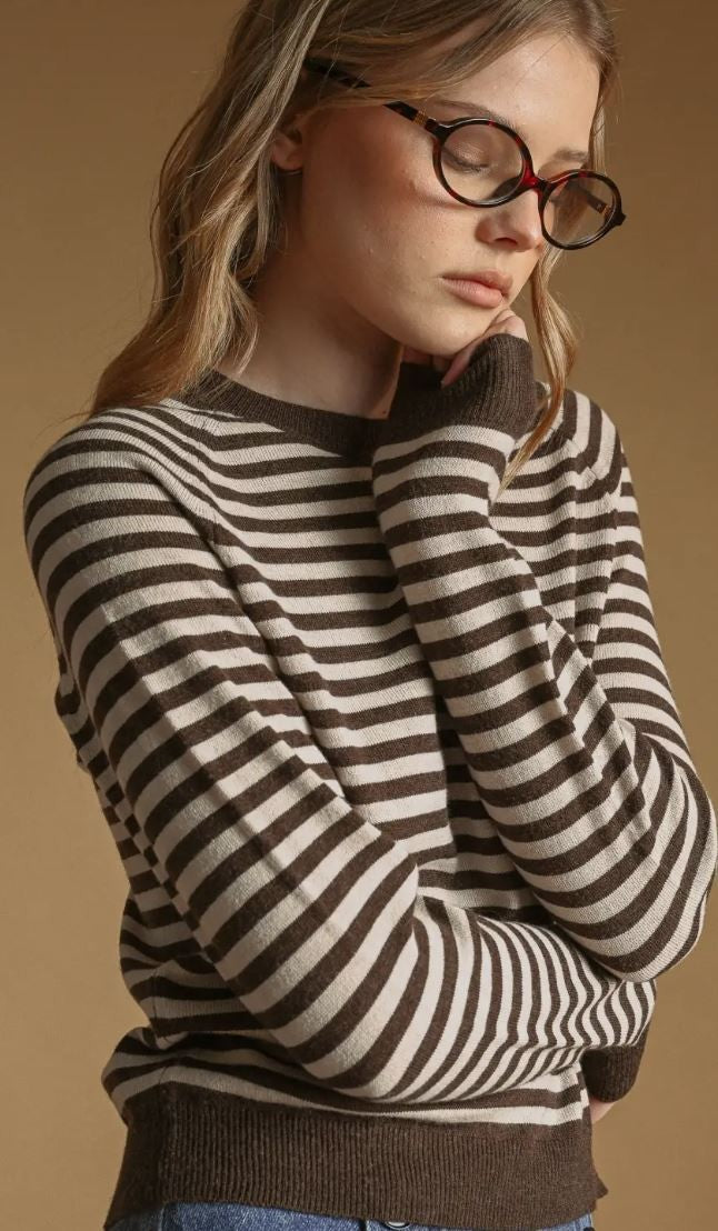 Striped Round Neck Sweater-Mocha|8033