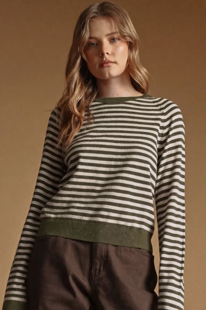 Striped Round Neck Sweater-Olive|8034