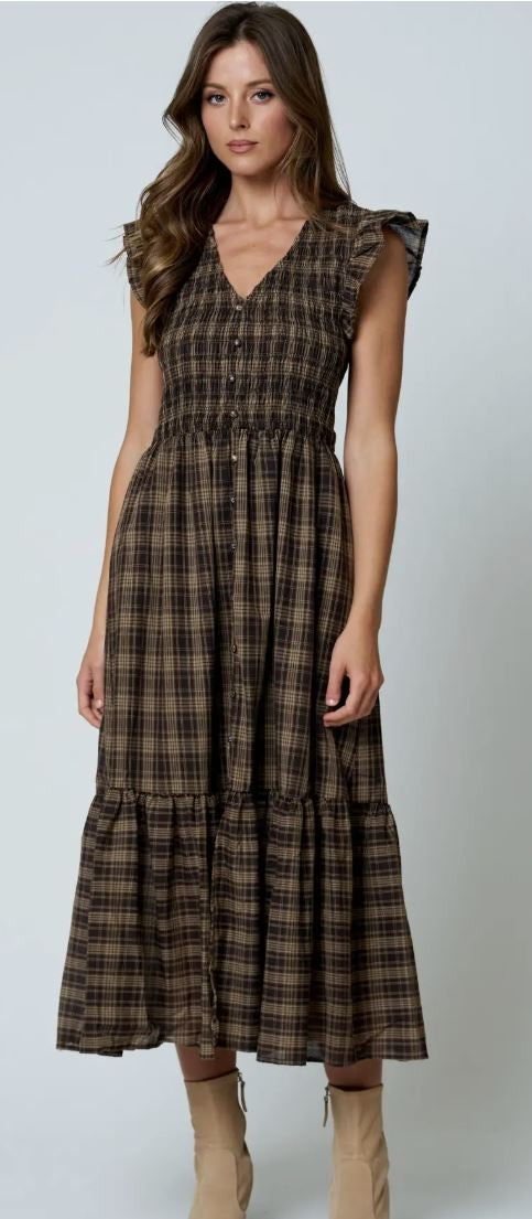 Plaid Smocked Button Down Dress-Brown|8047