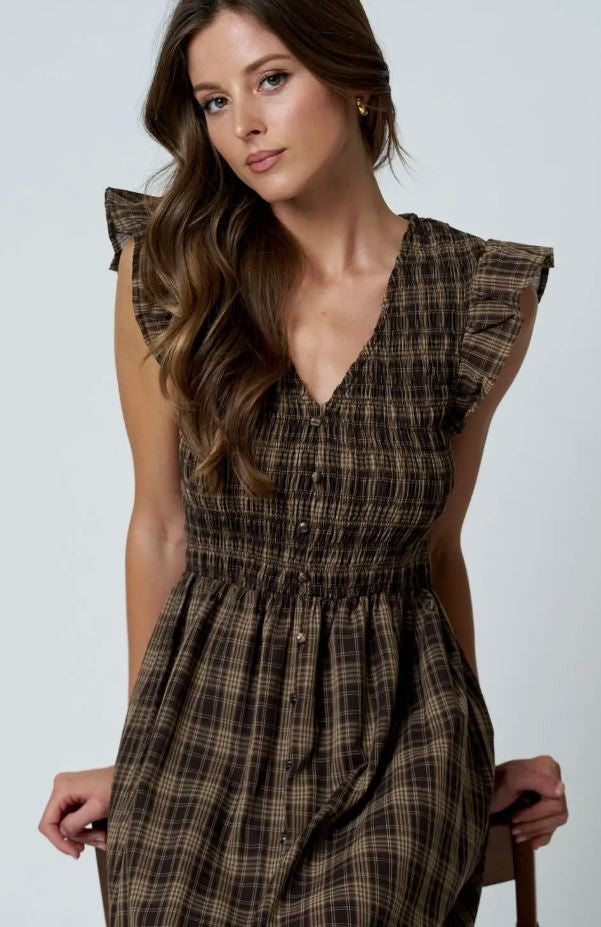 Plaid Smocked Button Down Dress-Brown|8048