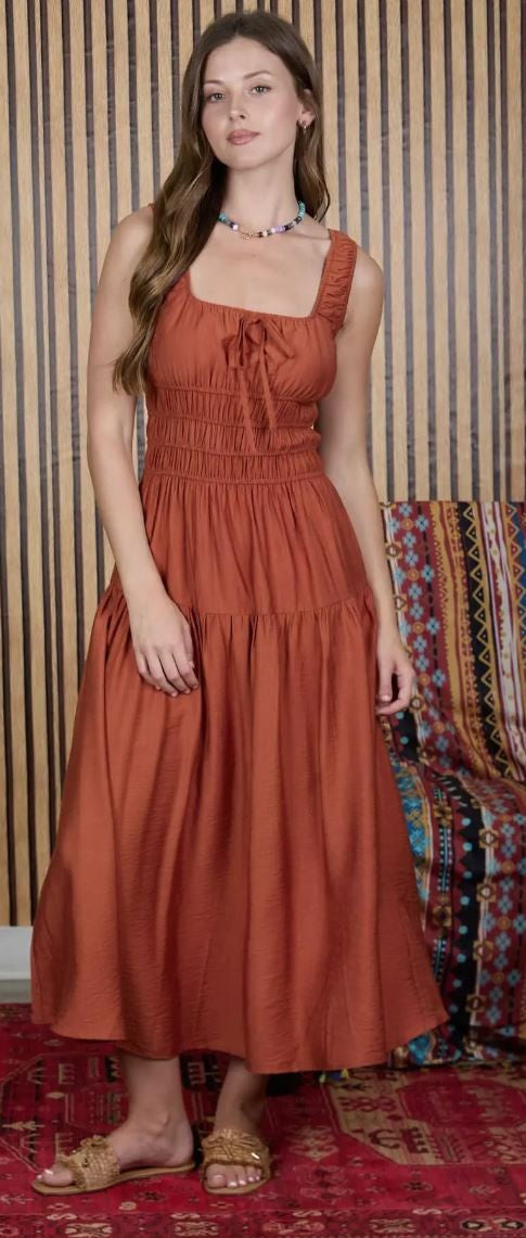 Satin Front Tie Shirred Waist Dress-Rust|8049