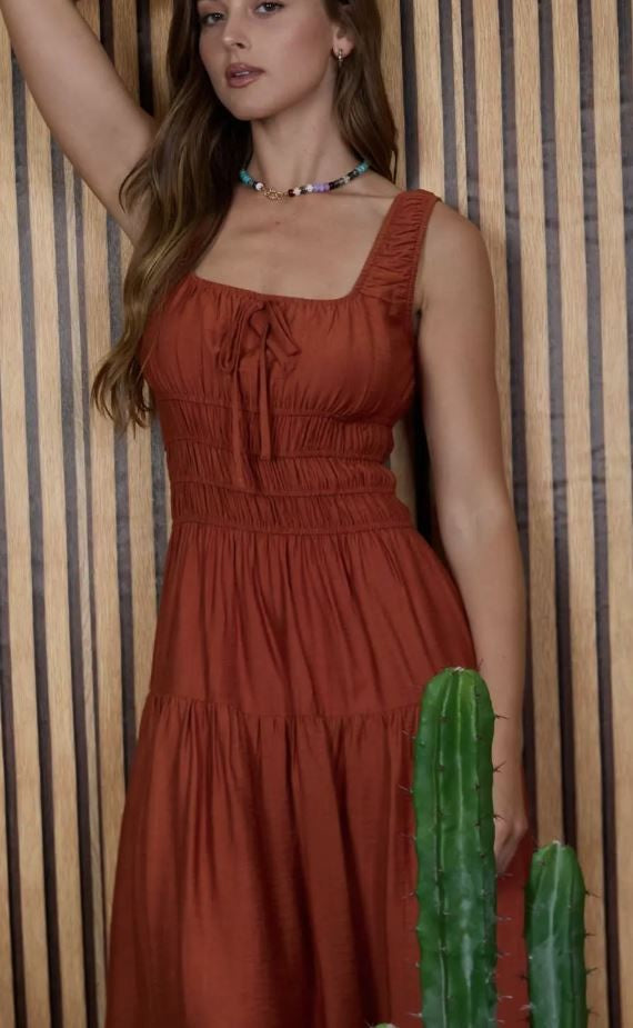 Satin Front Tie Shirred Waist Dress-Rust|8050