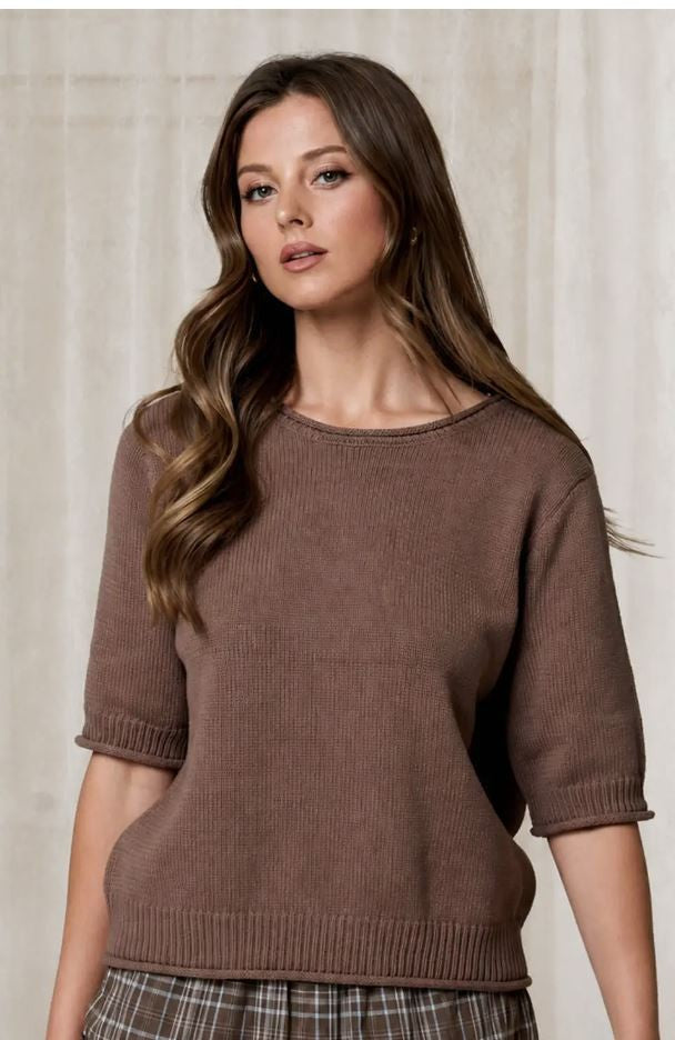 Raw Edge Half Sleeve Knit Sweater-Brown|8052