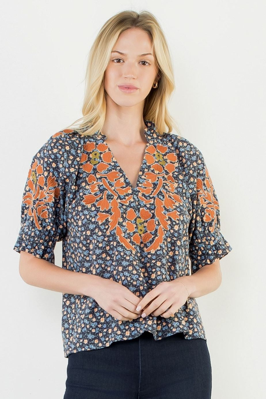 Floral Print Top w/Embroidery- Blue|8056