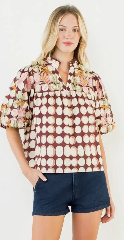Puff Sleeve Embroidery Top-Brown|8058