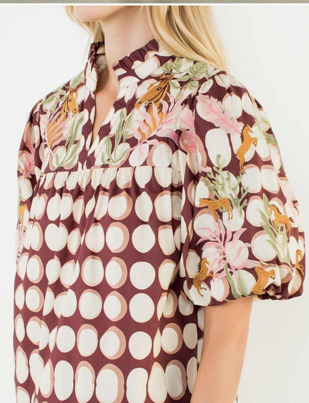Puff Sleeve Embroidery Top-Brown|8059