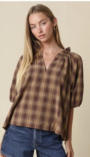 Calla Plaid Puff Sleeve Blouse-Brown|8070