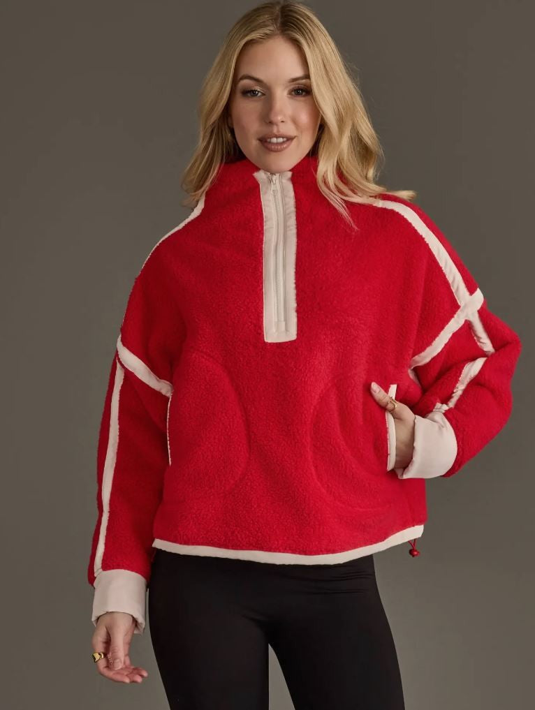Red & Beige Half Zip Sherpa Fleece Sweatshirt|8274