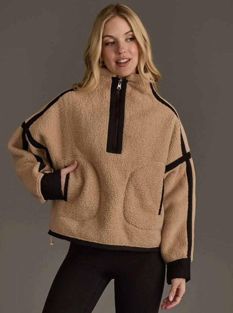 Tan & Black Half Zip Sherpa Sweatshirt|8275