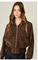 Rib Collar Suede Bomber Jacket-Brown|8322