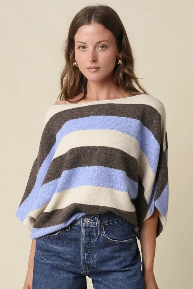 Katie Stripe Dolman Knit Top- Blue Coffee|8331
