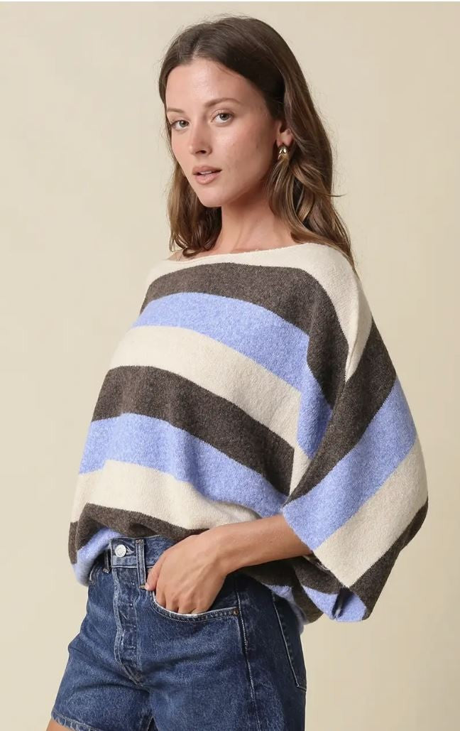 Katie Stripe Dolman Knit Top- Blue Coffee|8332