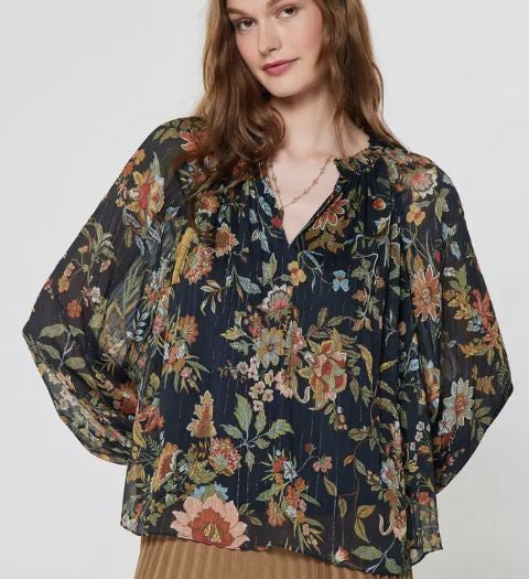 Long Sleeve Pleated Blouse-Navy/Flral|8350