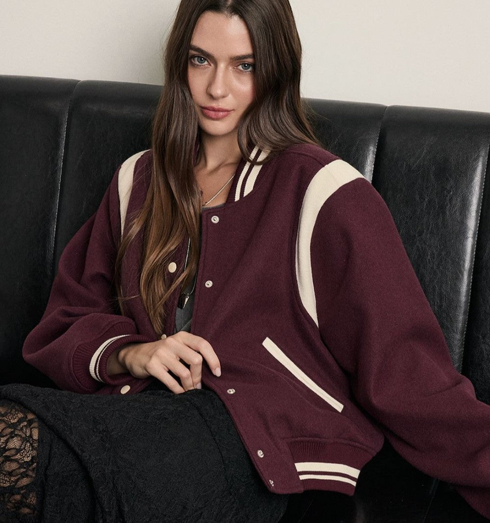 Vintage Varsity Bomber Jacket- Wine|8372