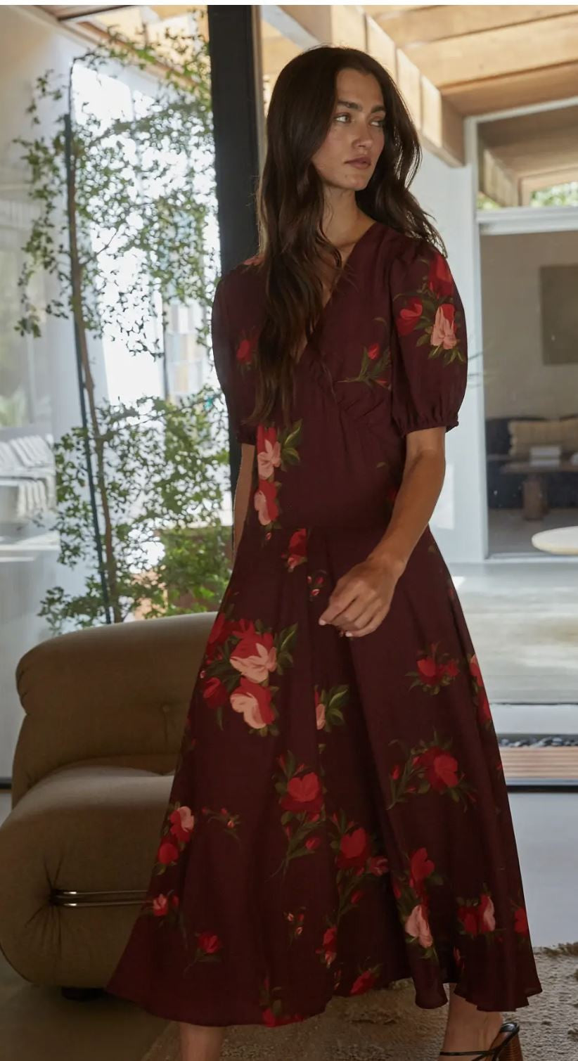 Floral Print Puff Sleeve Dress-Wine|8387